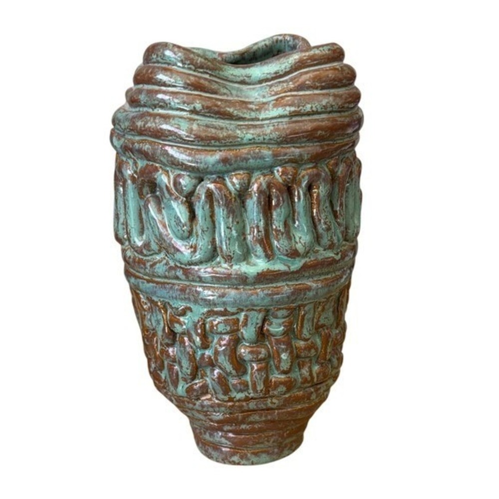Freeform Coil Pottery Vase Ceramic Artist Handmade Vessel Modern Sea Green 7in